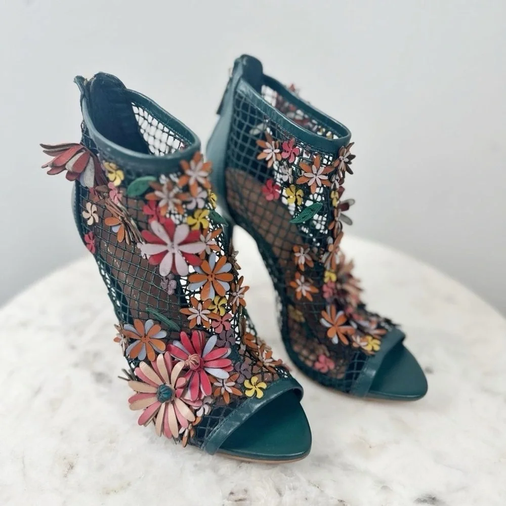 Zara Green Mesh Floral High Heels 3D Fishnet Back Zipper Size 39/8 - Picture 1 of 3